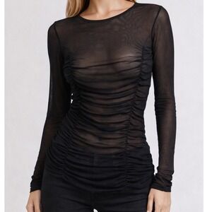 Only Hearts Ruched Mesh Top M L Black Sheer Long Sleeve Goth Grunge Aesthetic
